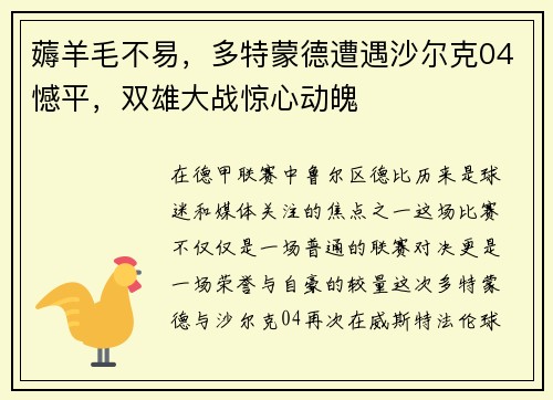 薅羊毛不易，多特蒙德遭遇沙尔克04憾平，双雄大战惊心动魄