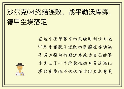 沙尔克04终结连败，战平勒沃库森，德甲尘埃落定